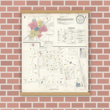 Old map wall art mockup — magnetic wood frame on brick wall — Sanborn Fire Insurance Map from Sullivan, Franklin County, Missouri (1936), Sheet #0001