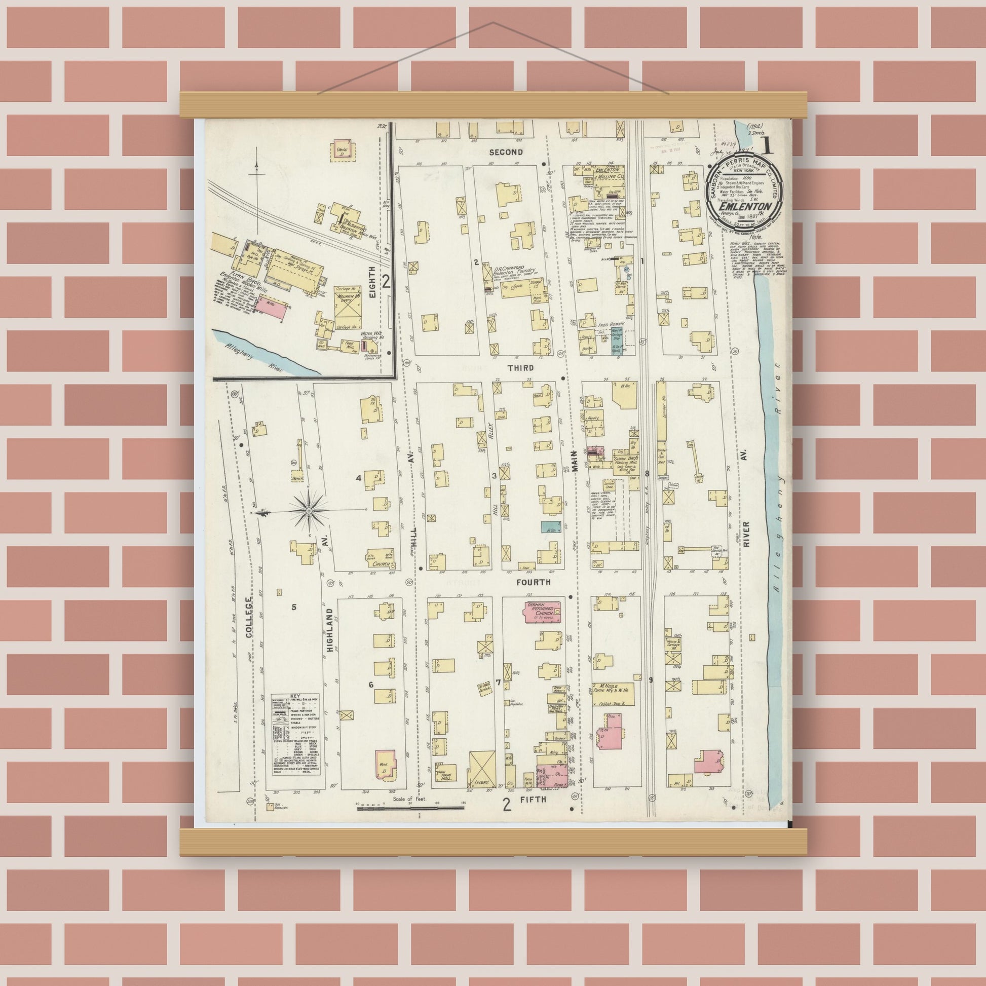 Old map wall art mockup — magnetic wood frame on brick wall — Sanborn Fire Insurance Map from Emlenton, Venango County, Pennsylvania (1897) - Complete Map Set