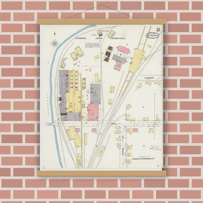 Old map wall art mockup — magnetic wood frame on brick wall — Sanborn Fire Insurance Map from Sharon, Mercer County, Pennsylvania (1893), Sheet #0008