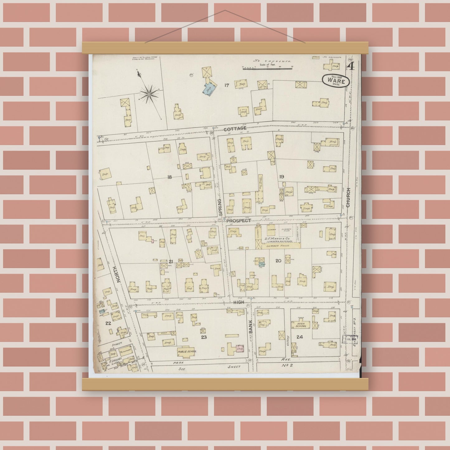 Old map wall art mockup — magnetic wood frame on brick wall — Sanborn Fire Insurance Map from Ware, Hampshire County, Massachusetts (1887), Sheet #0004