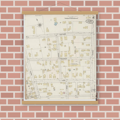 Old map wall art mockup — magnetic wood frame on brick wall — Sanborn Fire Insurance Map from Ware, Hampshire County, Massachusetts (1887), Sheet #0004