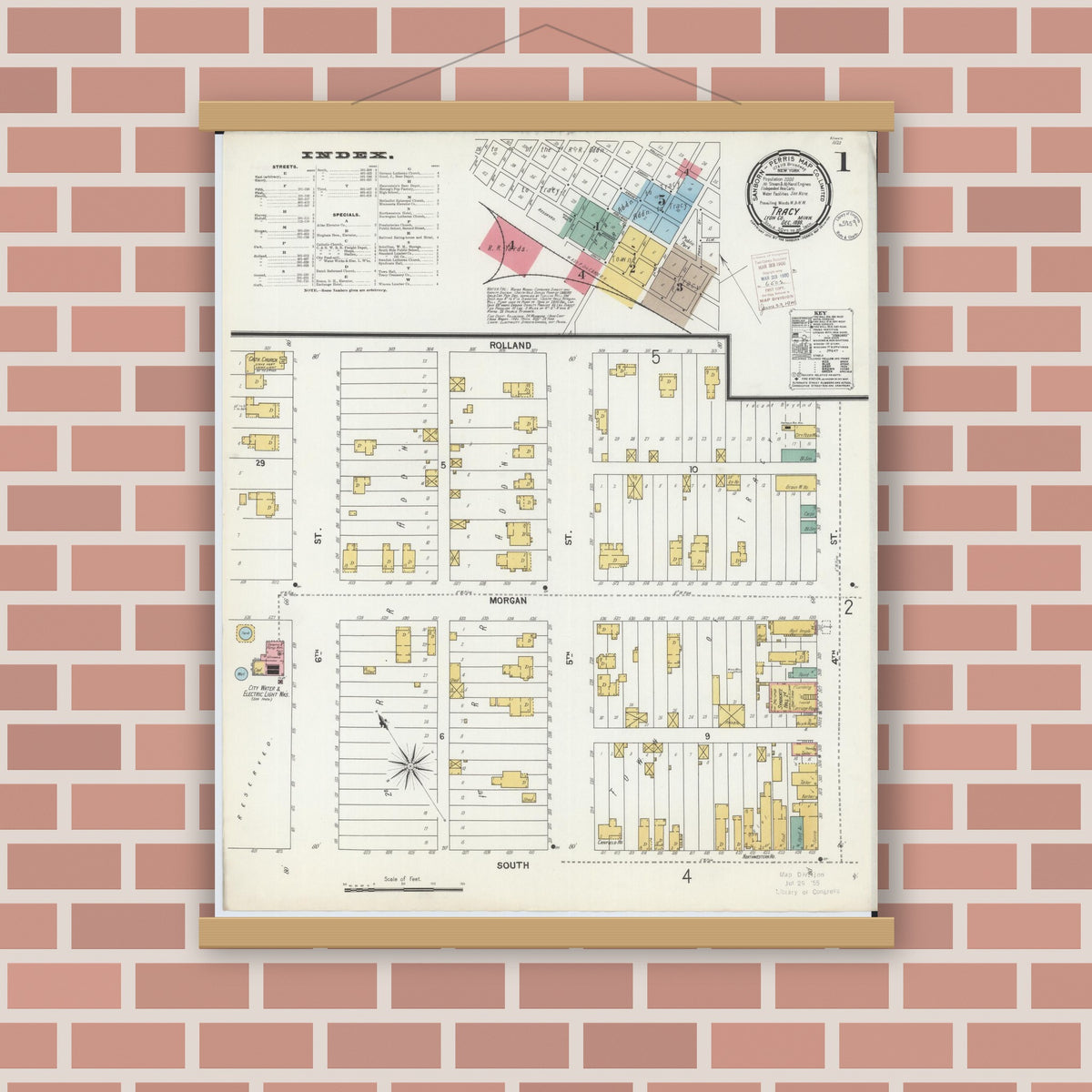 Old map wall art mockup — magnetic wood frame on brick wall — Sanborn Fire Insurance Map from Tracy, Lyon County, Minnesota (1899), Sheet #0001