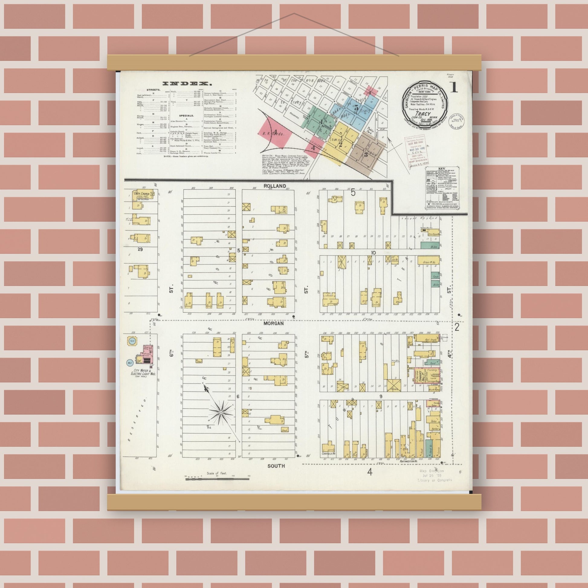 Old map wall art mockup — magnetic wood frame on brick wall — Sanborn Fire Insurance Map from Tracy, Lyon County, Minnesota (1899), Sheet #0001
