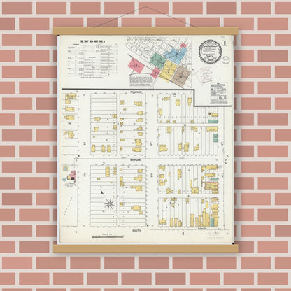 Old map wall art mockup — magnetic wood frame on brick wall — Sanborn Fire Insurance Map from Tracy, Lyon County, Minnesota (1899), Sheet #0001