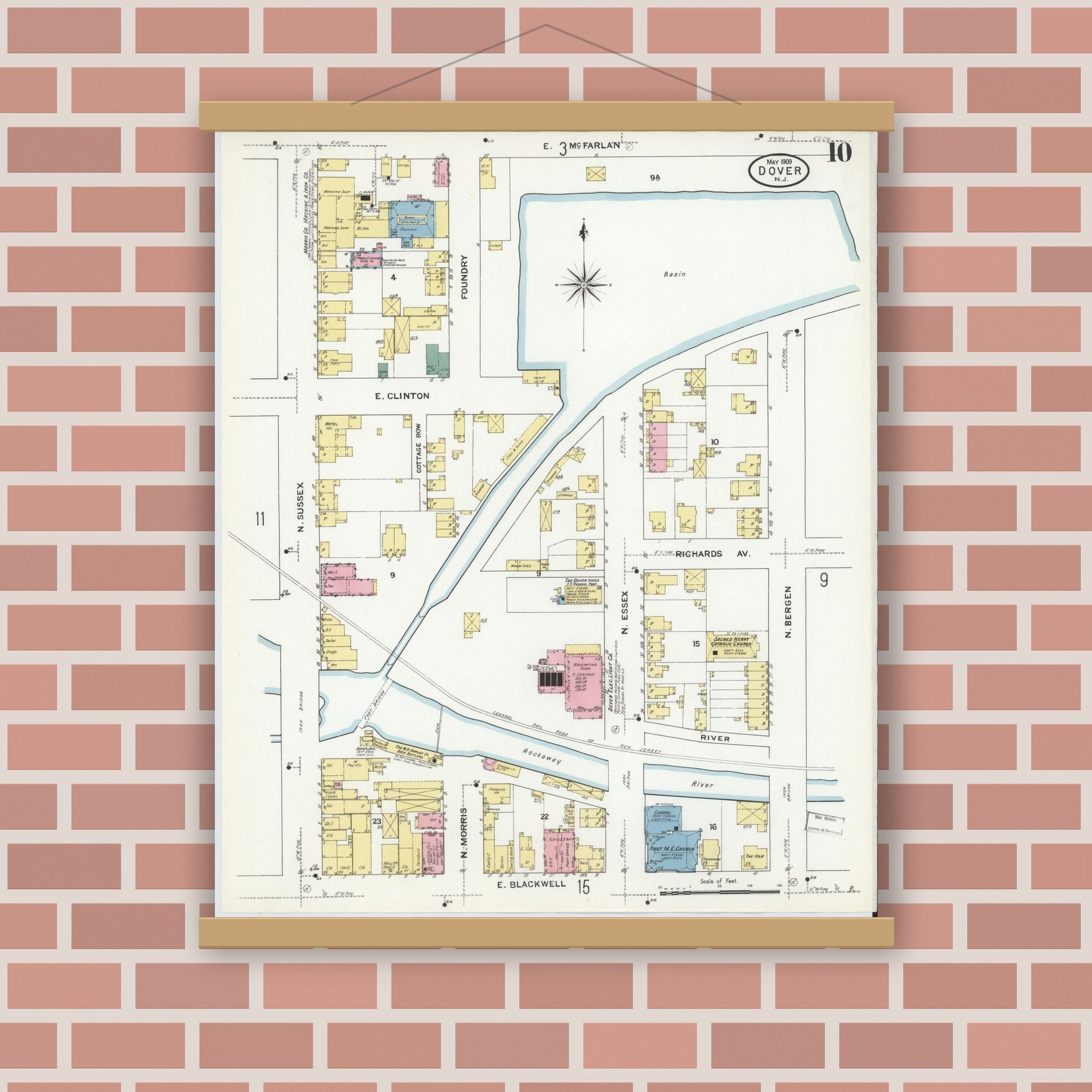 Old map wall art mockup — magnetic wood frame on brick wall — Sanborn Fire Insurance Map from Dover, Morris County, New Jersey (1909), Sheet #0010