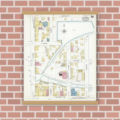 Old map wall art mockup — magnetic wood frame on brick wall — Sanborn Fire Insurance Map from Dover, Morris County, New Jersey (1909), Sheet #0010