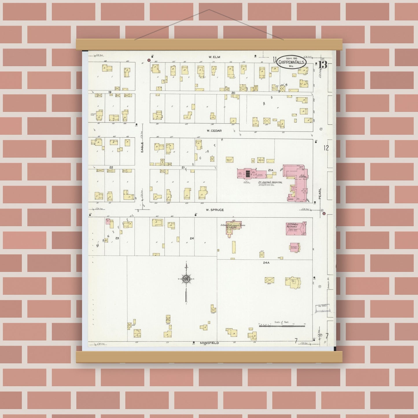 Old map wall art mockup — magnetic wood frame on brick wall — Sanborn Fire Insurance Map from Chippewa Falls, Chippewa County, Wisconsin (1910), Sheet #0013