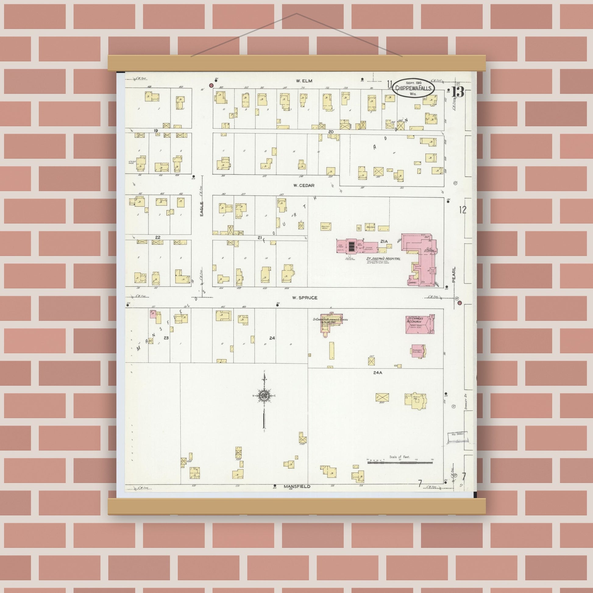 Old map wall art mockup — magnetic wood frame on brick wall — Sanborn Fire Insurance Map from Chippewa Falls, Chippewa County, Wisconsin (1910), Sheet #0013