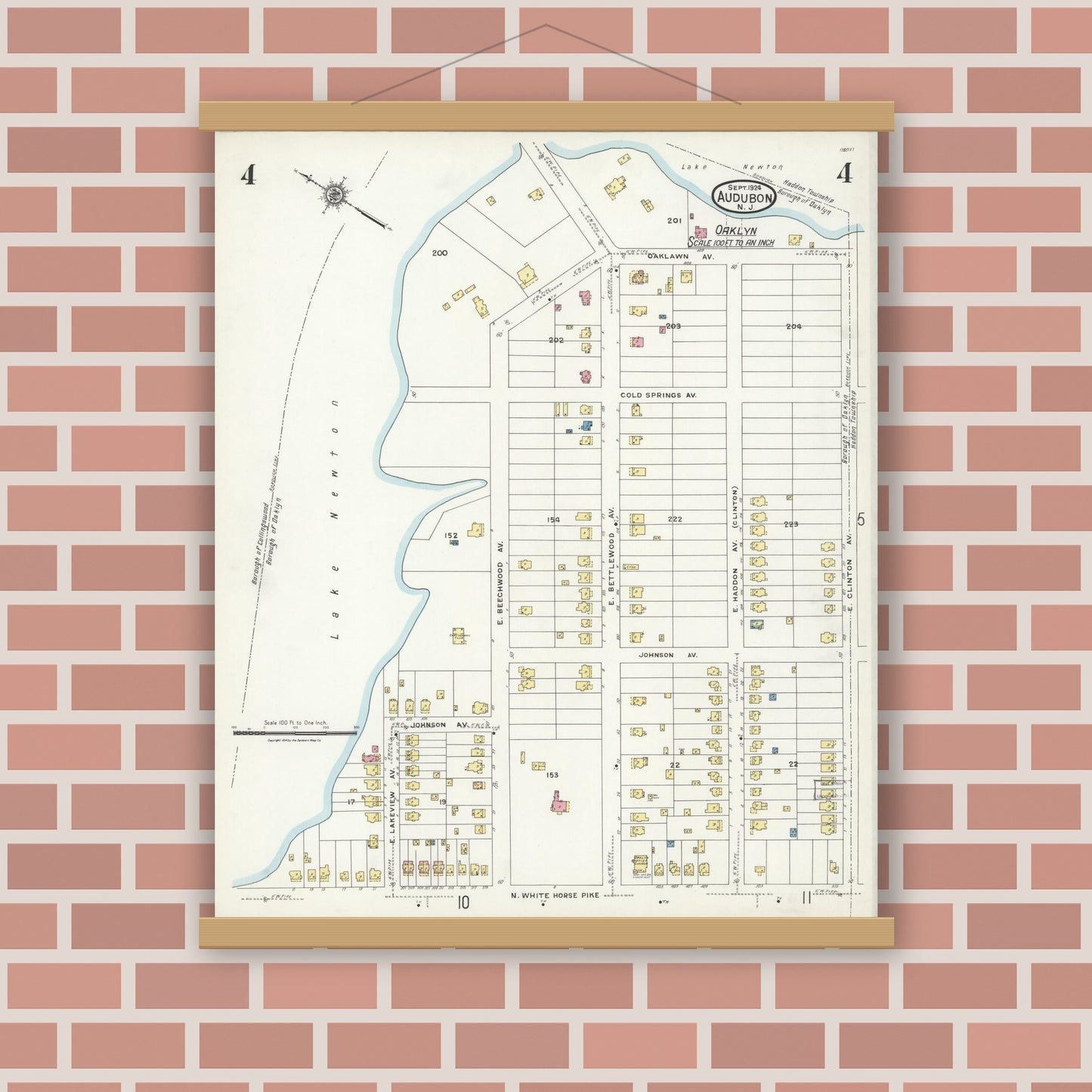 Old map wall art mockup — magnetic wood frame on brick wall — Sanborn Fire Insurance Map from Audubon, Camden County, New Jersey (1924), Sheet #0004