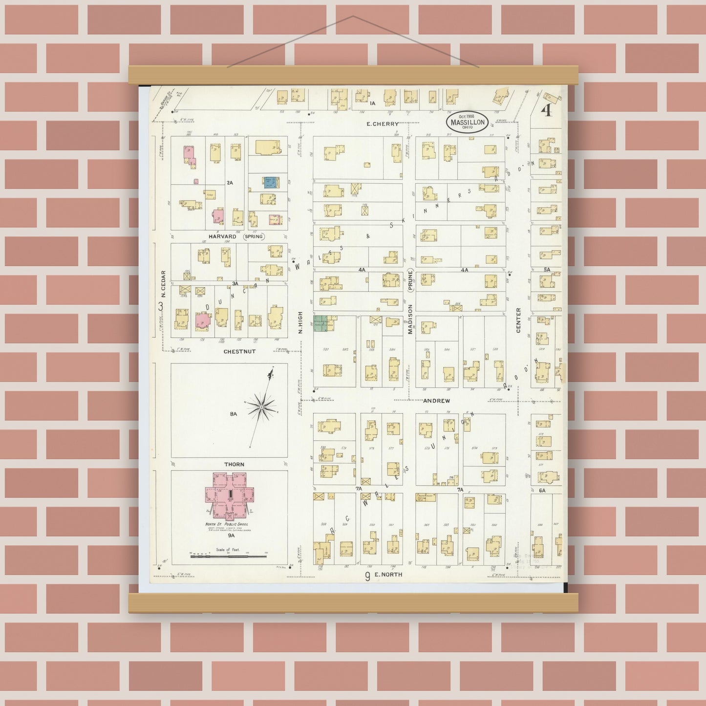 Old map wall art mockup — magnetic wood frame on brick wall — Sanborn Fire Insurance Map from Massillon, Stark County, Ohio (1908), Sheet #0004