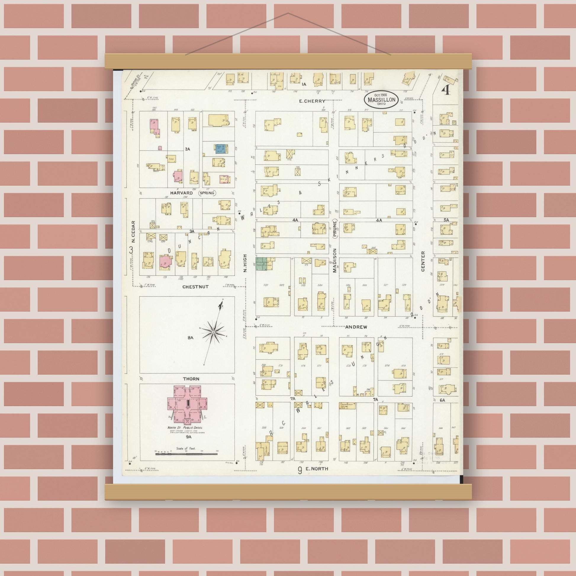Old map wall art mockup — magnetic wood frame on brick wall — Sanborn Fire Insurance Map from Massillon, Stark County, Ohio (1908), Sheet #0004