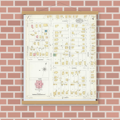 Old map wall art mockup — magnetic wood frame on brick wall — Sanborn Fire Insurance Map from Massillon, Stark County, Ohio (1908), Sheet #0004