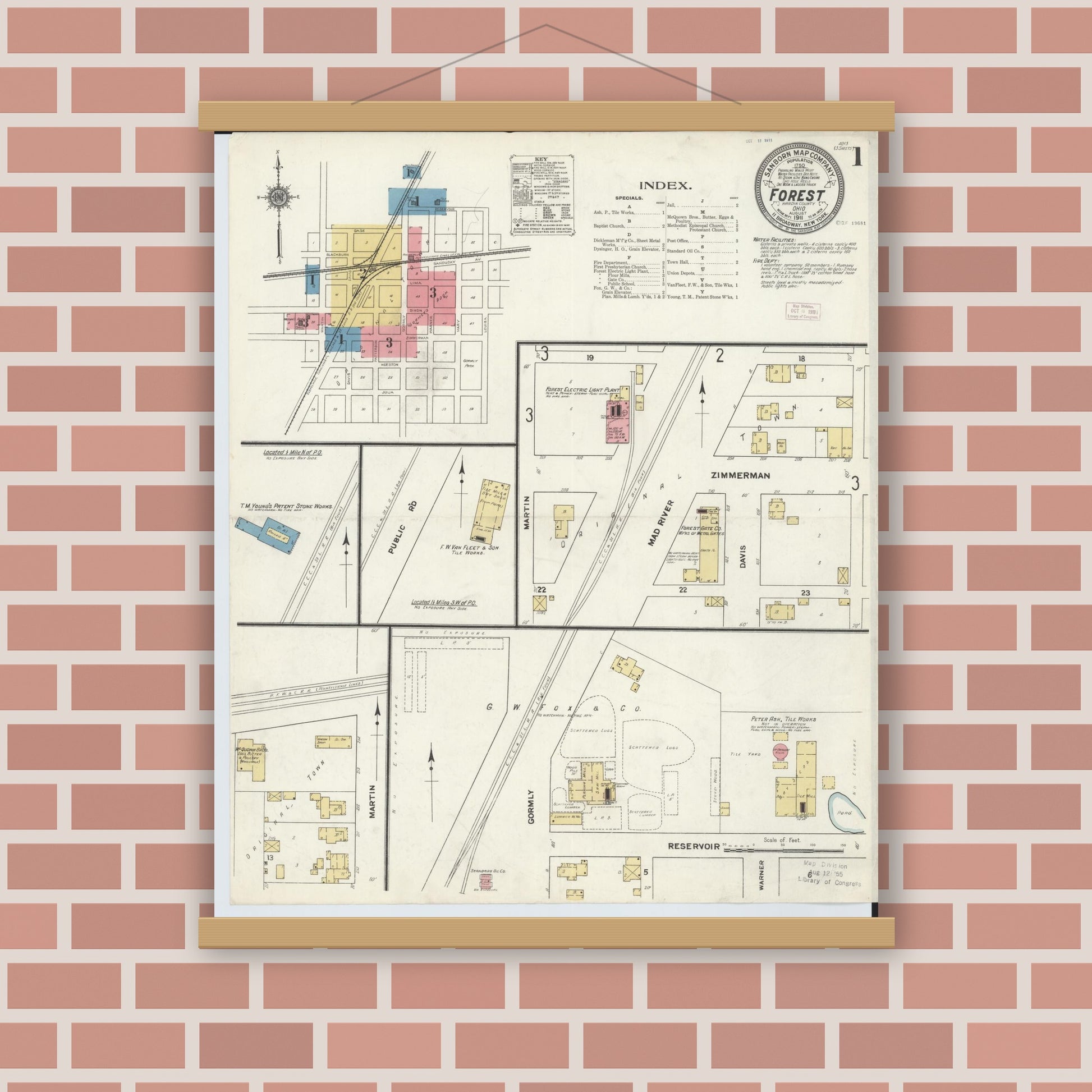Old map wall art mockup — magnetic wood frame on brick wall — Sanborn Fire Insurance Map from Forest, Hardin County, Ohio (1911), Sheet #0001