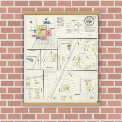 Old map wall art mockup — magnetic wood frame on brick wall — Sanborn Fire Insurance Map from Forest, Hardin County, Ohio (1911), Sheet #0001