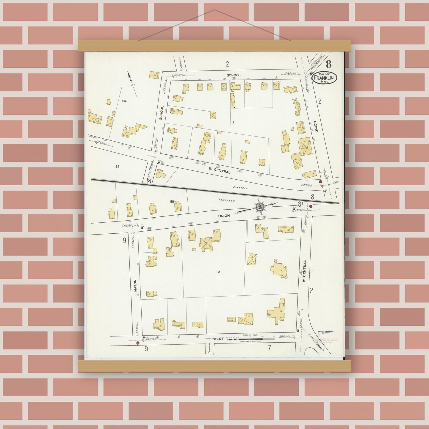 Old map wall art mockup — magnetic wood frame on brick wall — Sanborn Fire Insurance Map from Franklin, Norfolk County, Massachusetts (1919), Sheet #0008