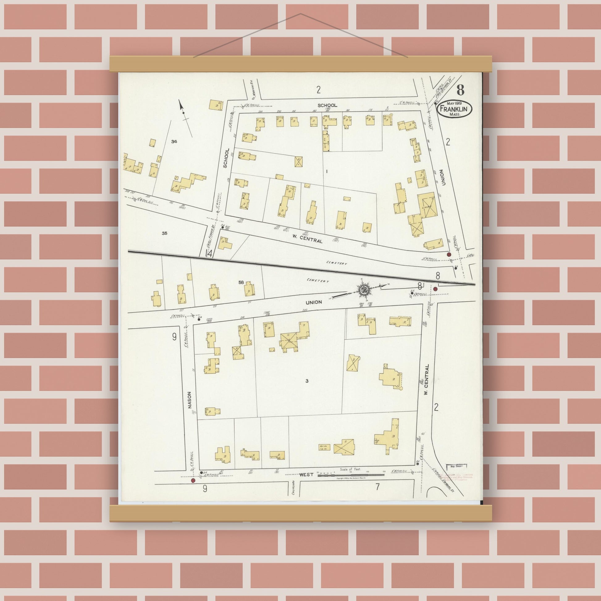 Old map wall art mockup — magnetic wood frame on brick wall — Sanborn Fire Insurance Map from Franklin, Norfolk County, Massachusetts (1919), Sheet #0008
