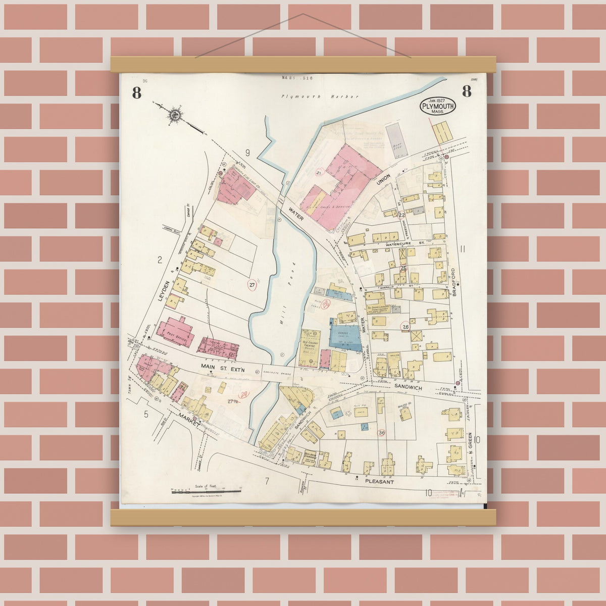 Old map wall art mockup — magnetic wood frame on brick wall — Sanborn Fire Insurance Map from Plymouth, Plymouth County, Massachusetts (1948), Sheet #0008