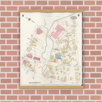 Old map wall art mockup — magnetic wood frame on brick wall — Sanborn Fire Insurance Map from Plymouth, Plymouth County, Massachusetts (1948), Sheet #0008