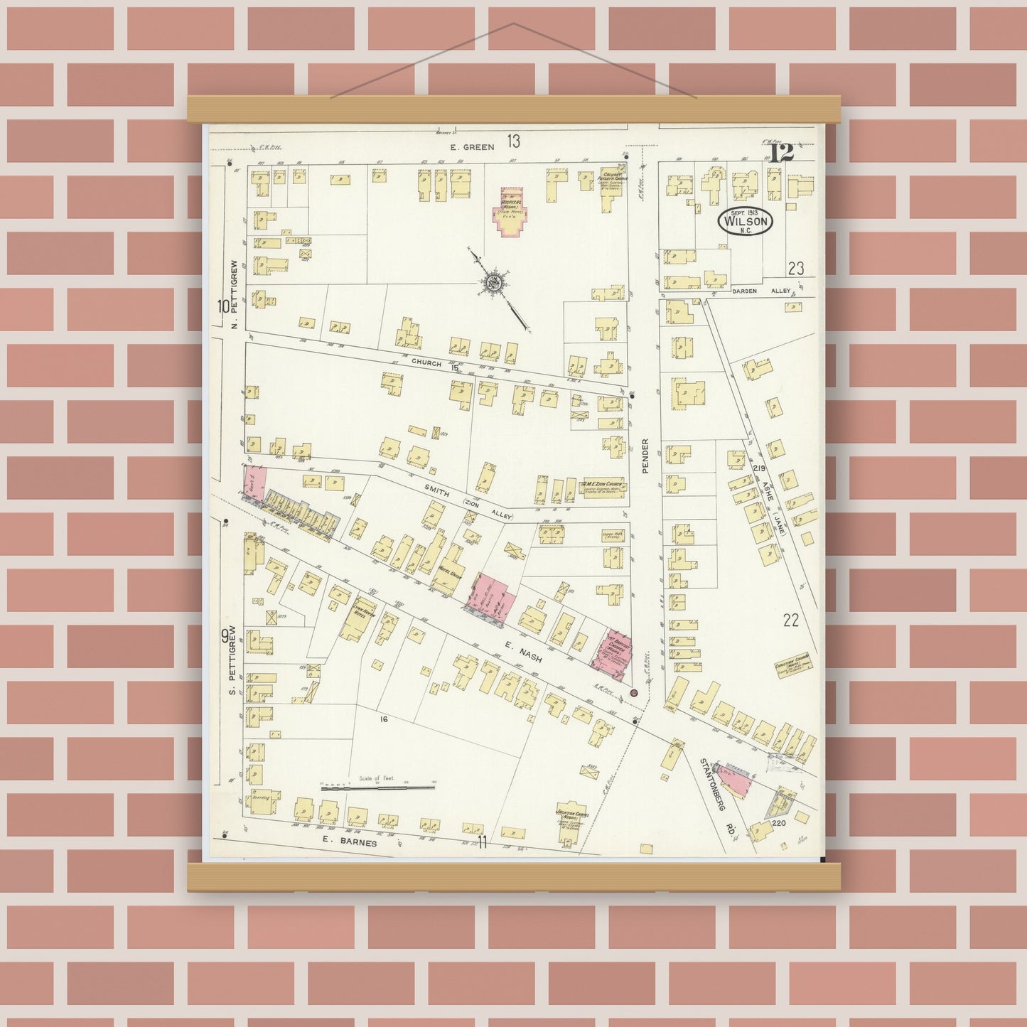 Old map wall art mockup — magnetic wood frame on brick wall — Sanborn Fire Insurance Map from Wilson, Wilson County, North Carolina (1913), Sheet #0012