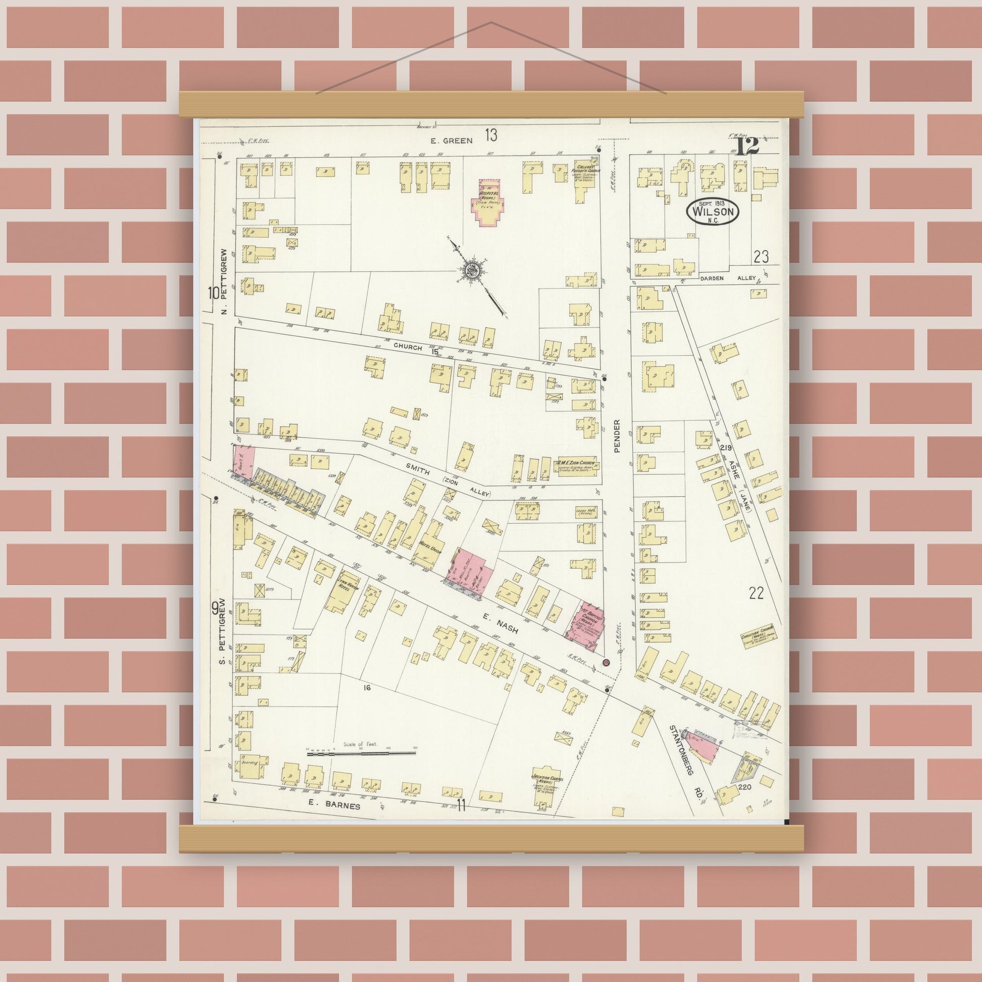 Old map wall art mockup — magnetic wood frame on brick wall — Sanborn Fire Insurance Map from Wilson, Wilson County, North Carolina (1913), Sheet #0012