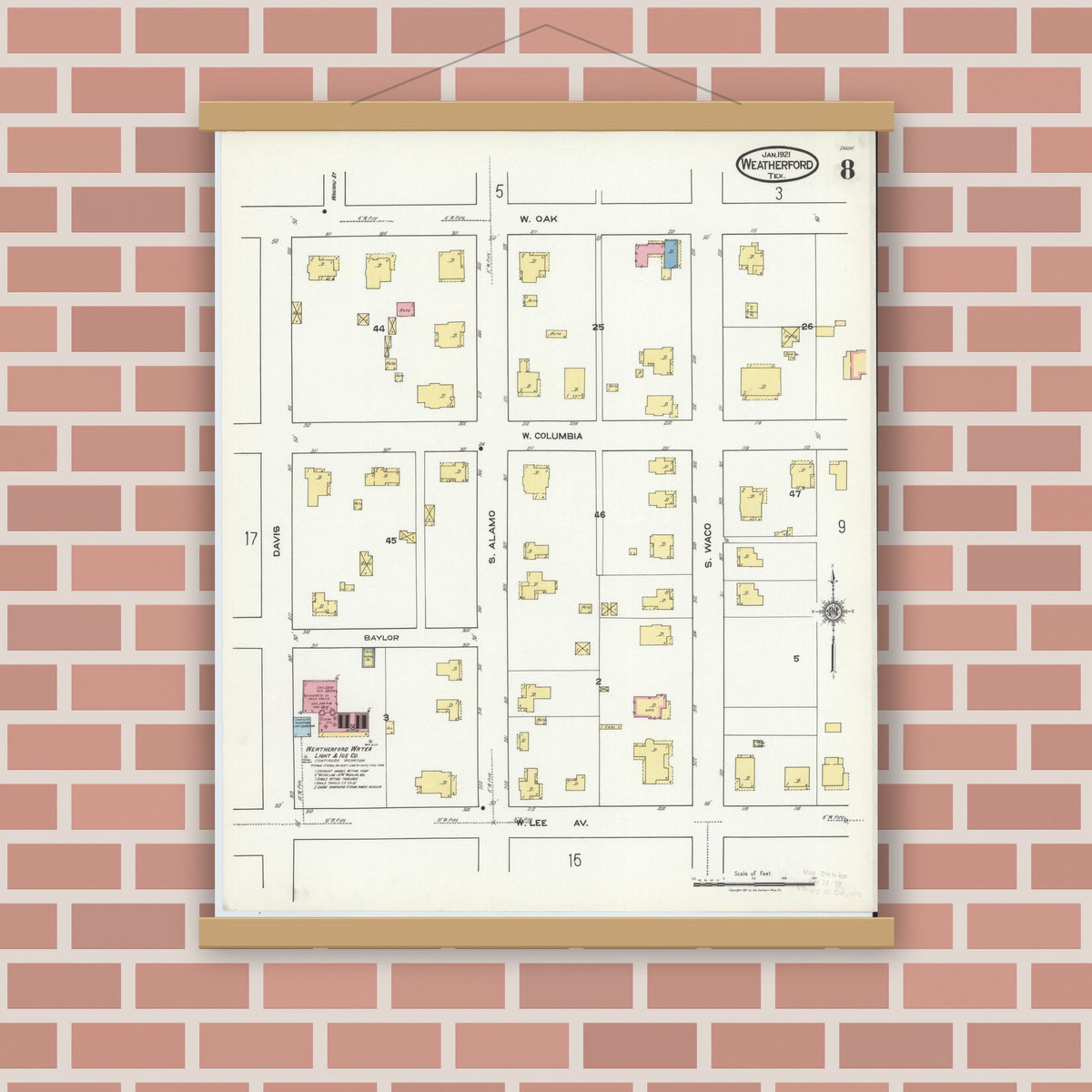Old map wall art mockup — magnetic wood frame on brick wall — Sanborn Fire Insurance Map from Weatherford, Parker County, Texas (1921), Sheet #0008