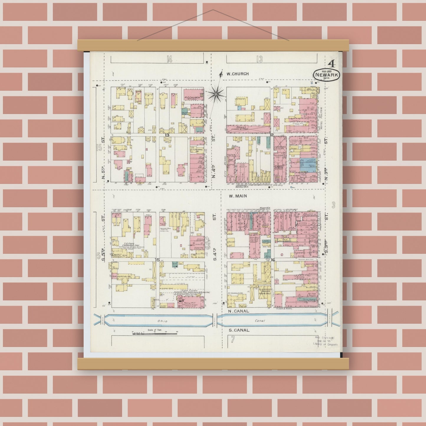 Old map wall art mockup — magnetic wood frame on brick wall — Sanborn Fire Insurance Map from Newark, Licking County, Ohio (1893), Sheet #0004
