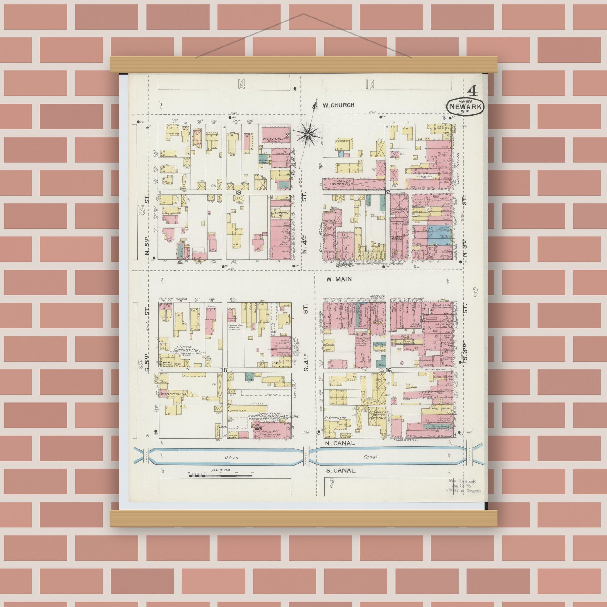 Old map wall art mockup — magnetic wood frame on brick wall — Sanborn Fire Insurance Map from Newark, Licking County, Ohio (1893), Sheet #0004