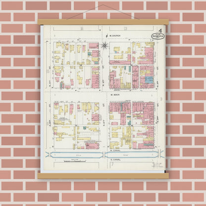 Old map wall art mockup — magnetic wood frame on brick wall — Sanborn Fire Insurance Map from Newark, Licking County, Ohio (1893), Sheet #0004