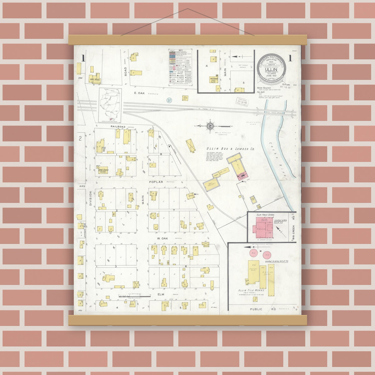 Old map wall art mockup — magnetic wood frame on brick wall — Sanborn Fire Insurance Map from Ullin, Pulaski County, Illinois (1931), Sheet #0001