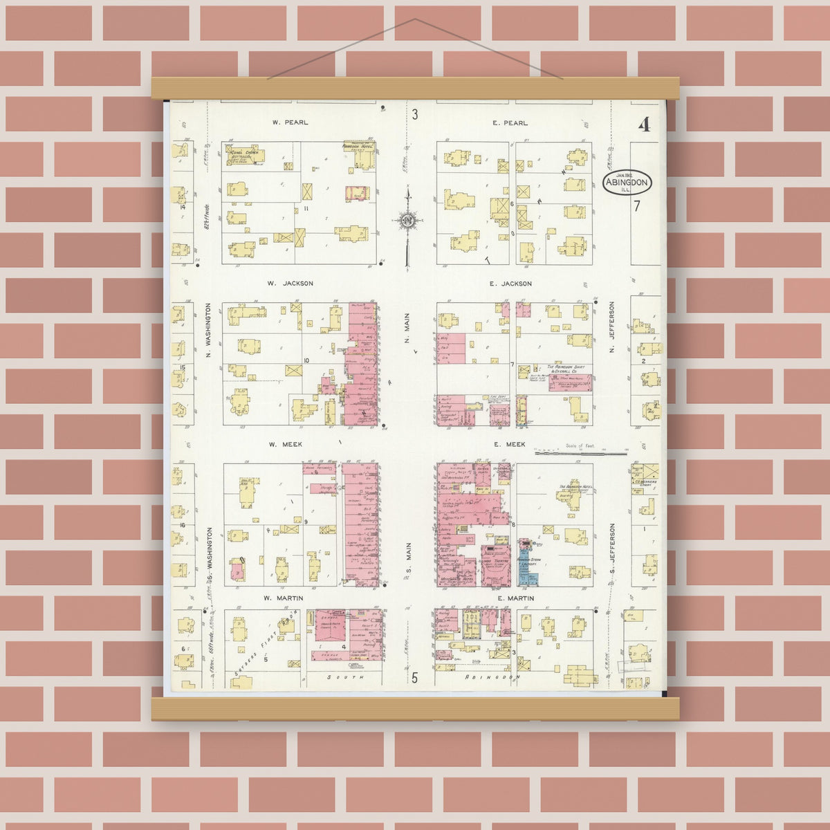 Old map wall art mockup — magnetic wood frame on brick wall — Sanborn Fire Insurance Map from Abingdon, Knox County, Illinois (1912), Sheet #0004