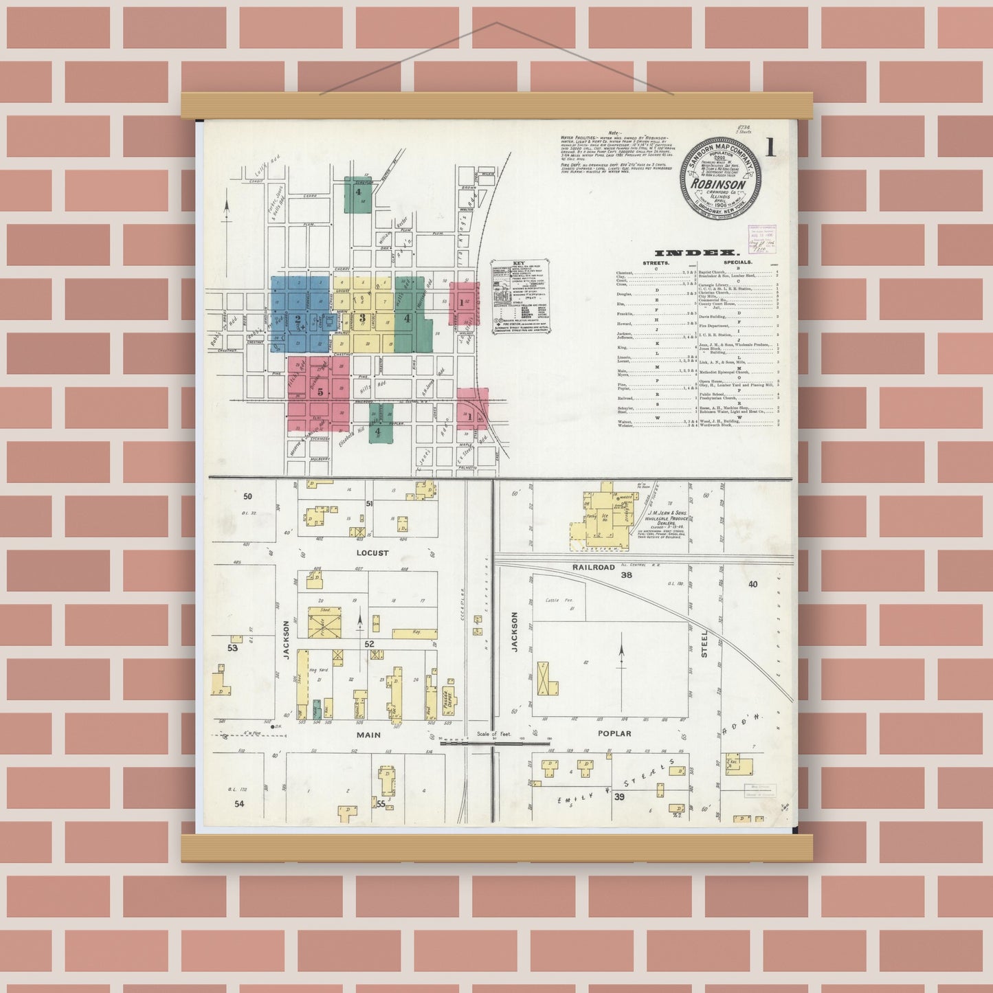 Old map wall art mockup — magnetic wood frame on brick wall — Sanborn Fire Insurance Map from Robinson, Crawford County, Illinois (1906) - Complete Map Set