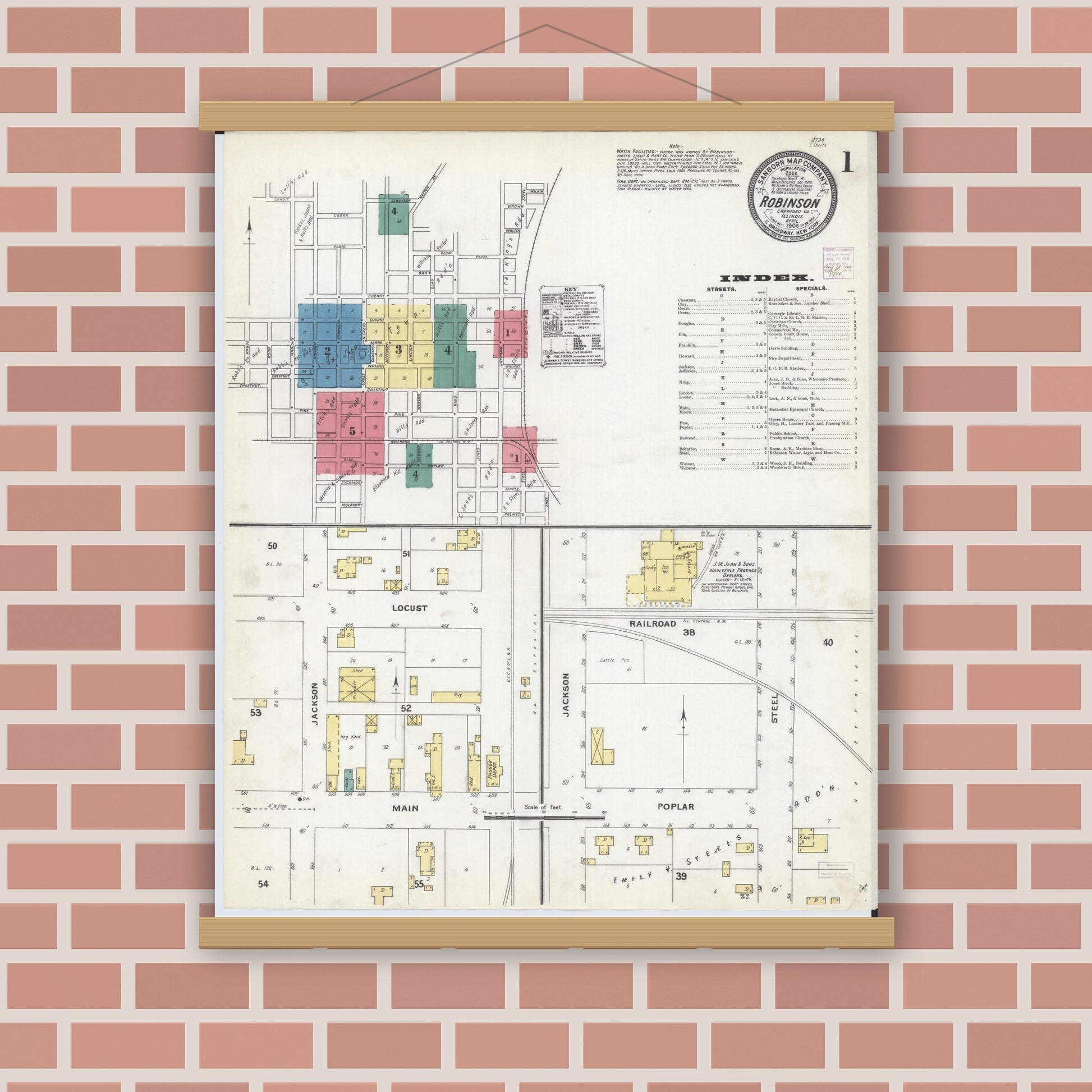 Old map wall art mockup — magnetic wood frame on brick wall — Sanborn Fire Insurance Map from Robinson, Crawford County, Illinois (1906) - Complete Map Set