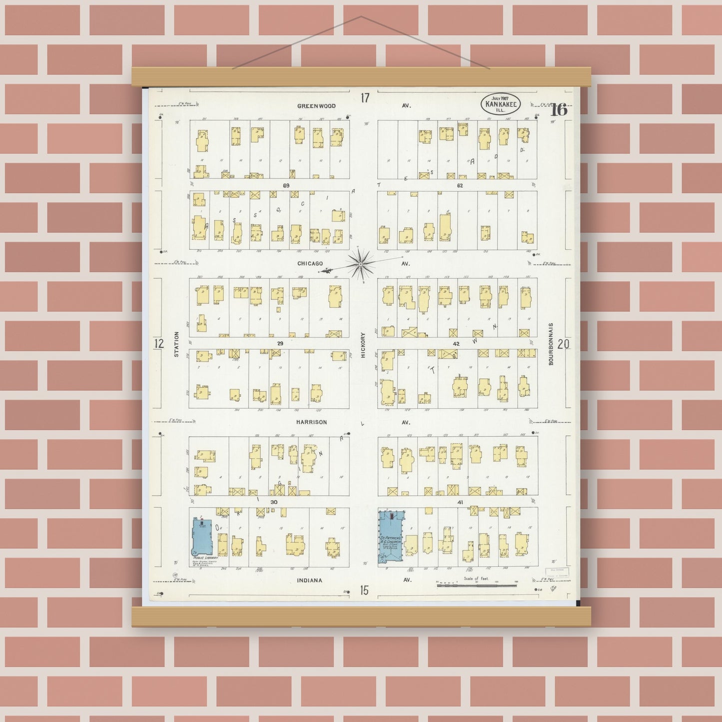 Old map wall art mockup — magnetic wood frame on brick wall — Sanborn Fire Insurance Map from Kankakee, Kankakee County, Illinois (1907), Sheet #0016
