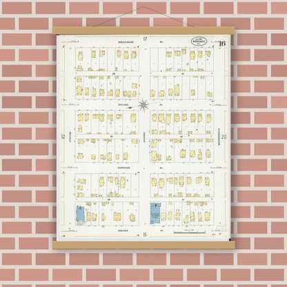 Old map wall art mockup — magnetic wood frame on brick wall — Sanborn Fire Insurance Map from Kankakee, Kankakee County, Illinois (1907), Sheet #0016