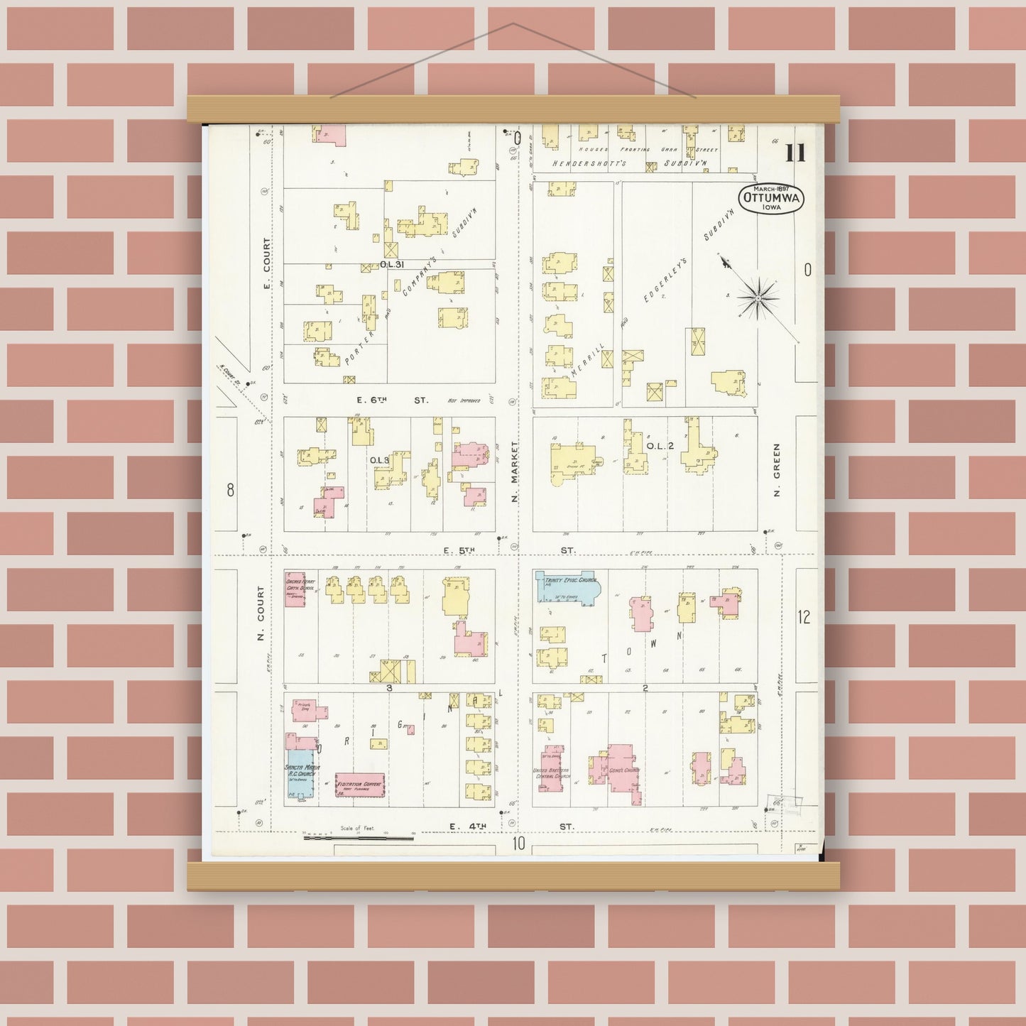 Old map wall art mockup — magnetic wood frame on brick wall — Sanborn Fire Insurance Map from Ottumwa, Wapello County, Iowa (1897), Sheet #0011