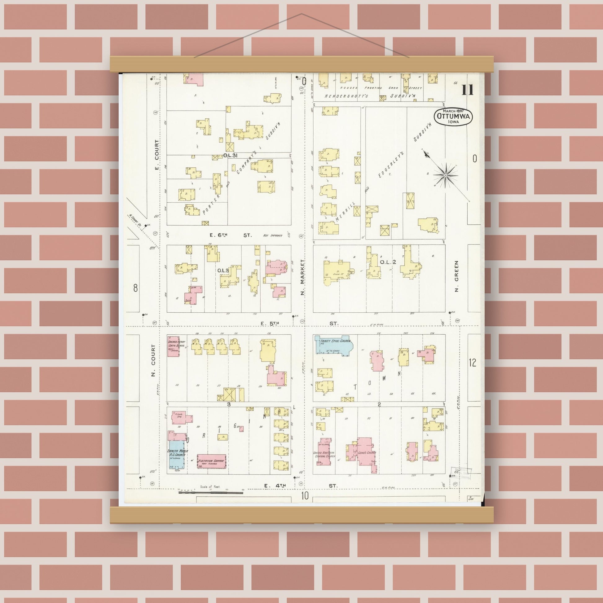 Old map wall art mockup — magnetic wood frame on brick wall — Sanborn Fire Insurance Map from Ottumwa, Wapello County, Iowa (1897), Sheet #0011