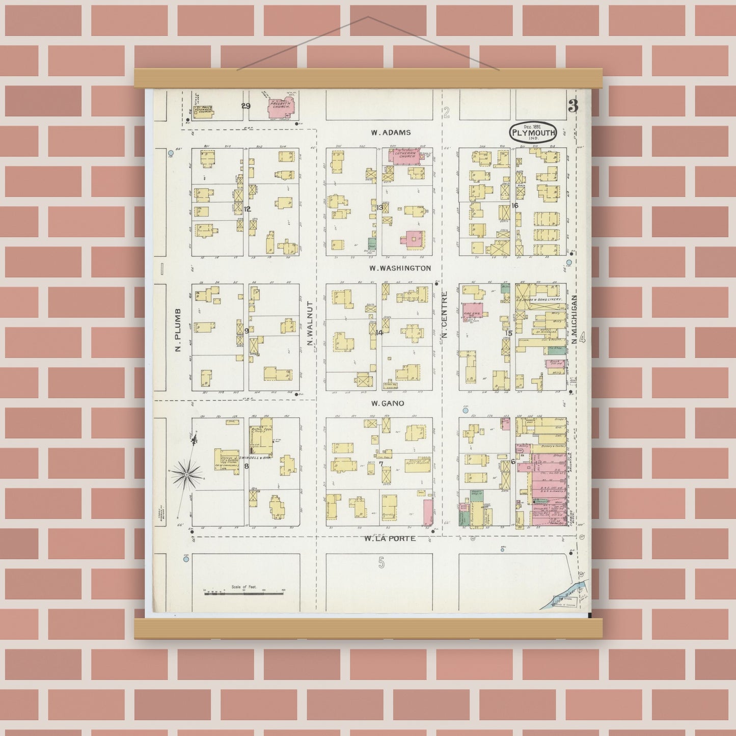 Old map wall art mockup — magnetic wood frame on brick wall — Sanborn Fire Insurance Map from Plymouth, Marhshall County, Indiana (1892), Sheet #0003