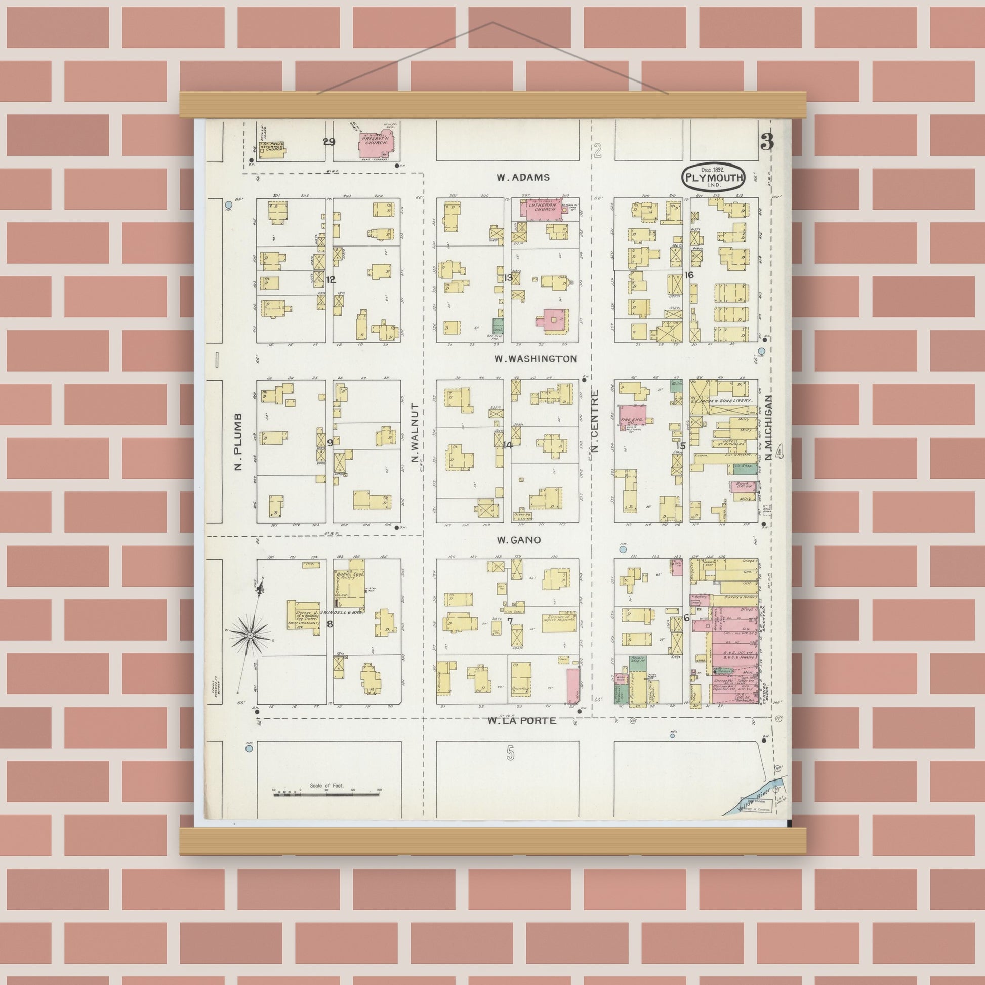 Old map wall art mockup — magnetic wood frame on brick wall — Sanborn Fire Insurance Map from Plymouth, Marhshall County, Indiana (1892), Sheet #0003