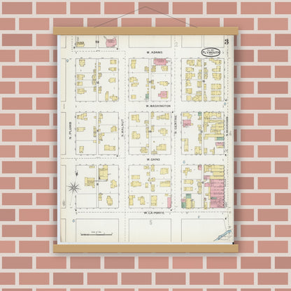 Old map wall art mockup — magnetic wood frame on brick wall — Sanborn Fire Insurance Map from Plymouth, Marhshall County, Indiana (1892), Sheet #0003