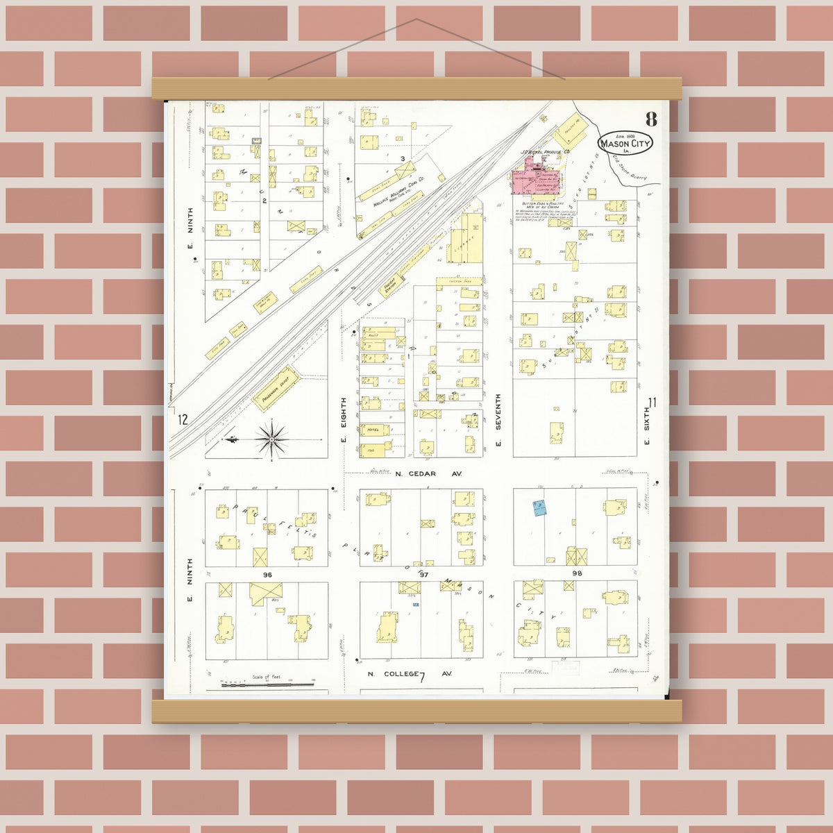 Old map wall art mockup — magnetic wood frame on brick wall — Sanborn Fire Insurance Map from Mason City, Cerro Gordo County, Iowa (1909), Sheet #0008