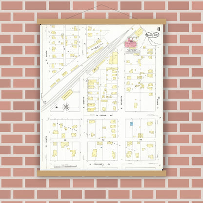 Old map wall art mockup — magnetic wood frame on brick wall — Sanborn Fire Insurance Map from Mason City, Cerro Gordo County, Iowa (1909), Sheet #0008