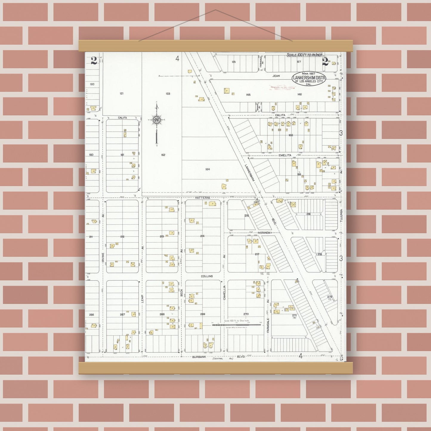 Old map wall art mockup — magnetic wood frame on brick wall — Sanborn Fire Insurance Map from Lankershim, Los Angeles County, California (1927), Sheet #0002