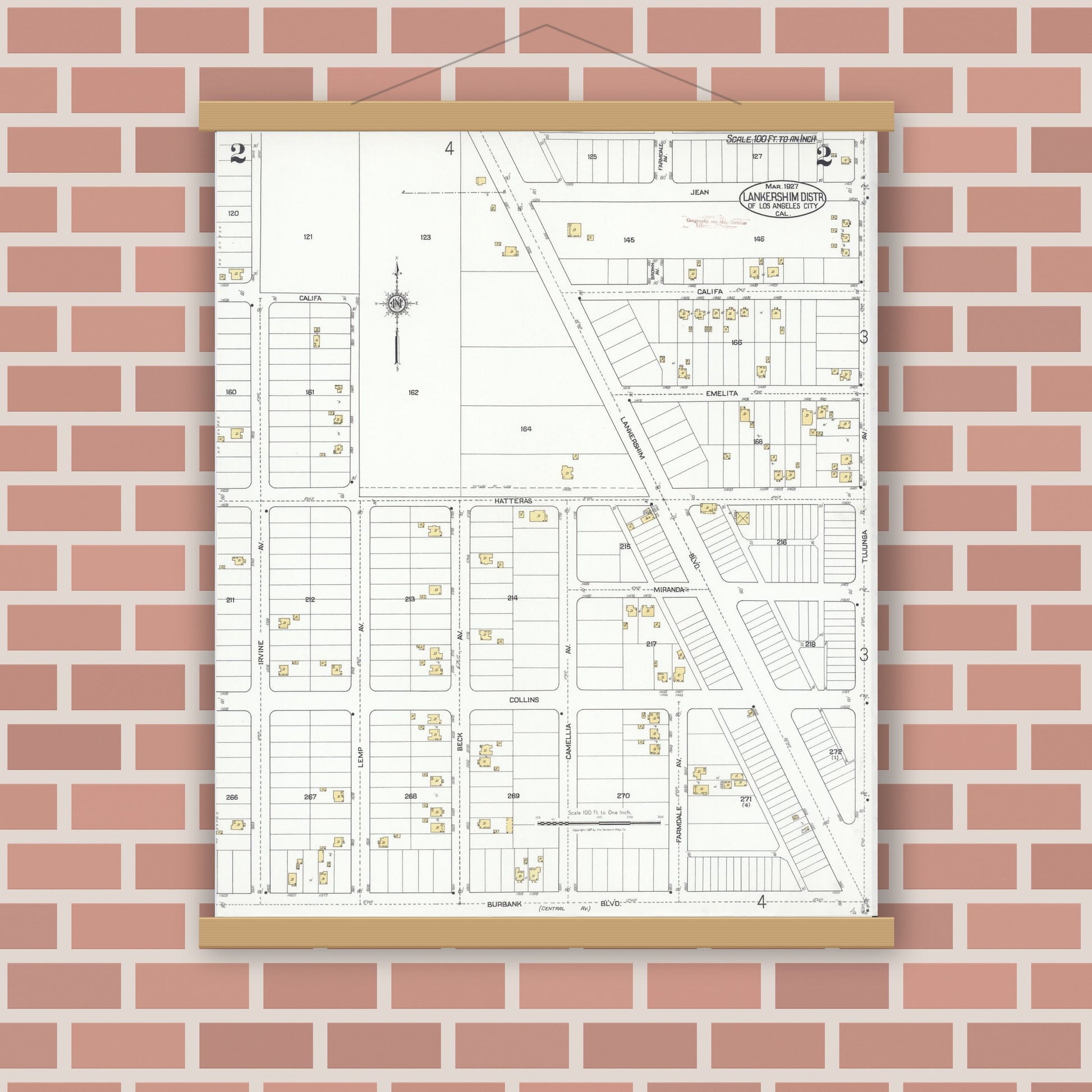 Old map wall art mockup — magnetic wood frame on brick wall — Sanborn Fire Insurance Map from Lankershim, Los Angeles County, California (1927), Sheet #0002
