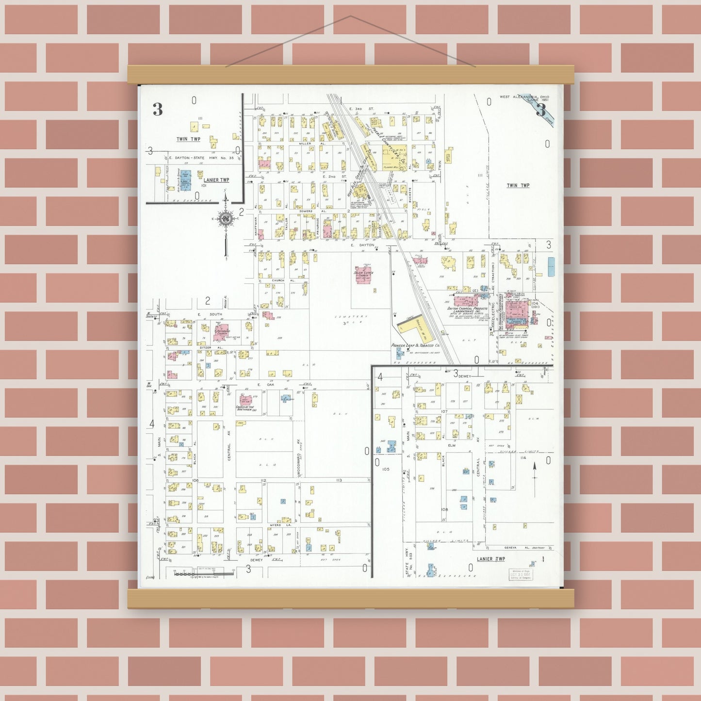 Old map wall art mockup — magnetic wood frame on brick wall — Sanborn Fire Insurance Map from West Alexandria, Preble County, Ohio (1951), Sheet #0003