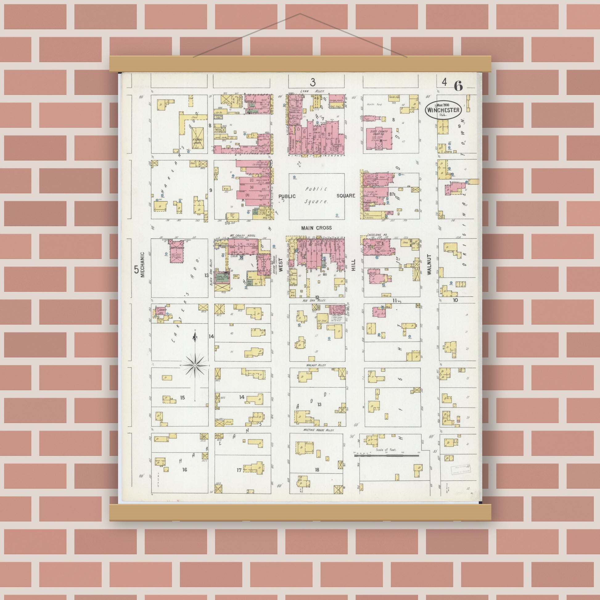 Old map wall art mockup — magnetic wood frame on brick wall — Sanborn Fire Insurance Map from Winchester, Scott County, Illinois (1900), Sheet #0006