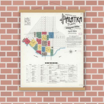 Old map wall art mockup — magnetic wood frame on brick wall — Sanborn Fire Insurance Map from Palatka, Putnam County, Florida (1909) - Complete Map Set