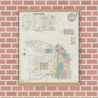 Old map wall art mockup — magnetic wood frame on brick wall — Sanborn Fire Insurance Map from New Bern, Craven County, North Carolina (1898) - Complete Map Set