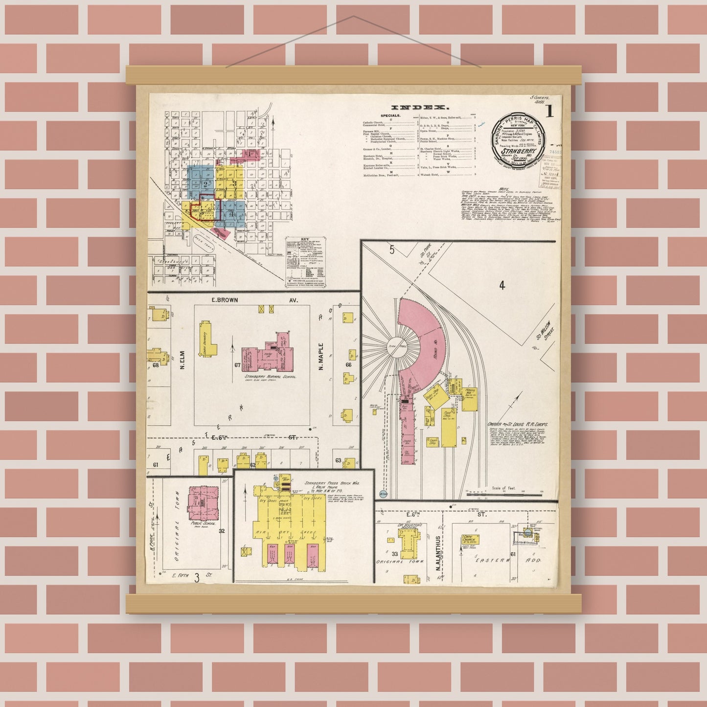 Old map wall art mockup — magnetic wood frame on brick wall — Sanborn Fire Insurance Map from Stanberry, Gentry County, Missouri (1900), Sheet #0001