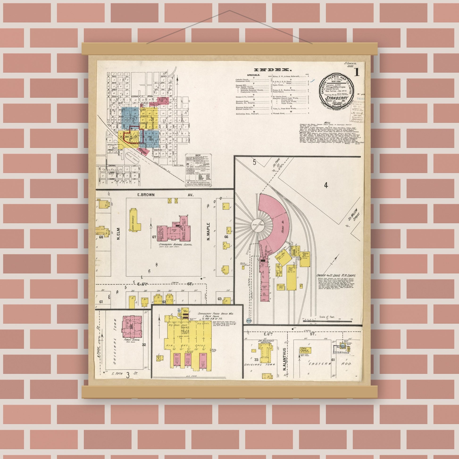 Old map wall art mockup — magnetic wood frame on brick wall — Sanborn Fire Insurance Map from Stanberry, Gentry County, Missouri (1900), Sheet #0001