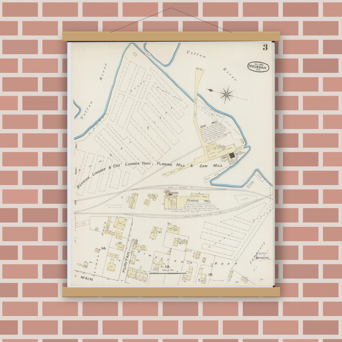 Old map wall art mockup — magnetic wood frame on brick wall — Sanborn Fire Insurance Map from Necedah, Juneau County, Wisconsin (1885), Sheet #0003